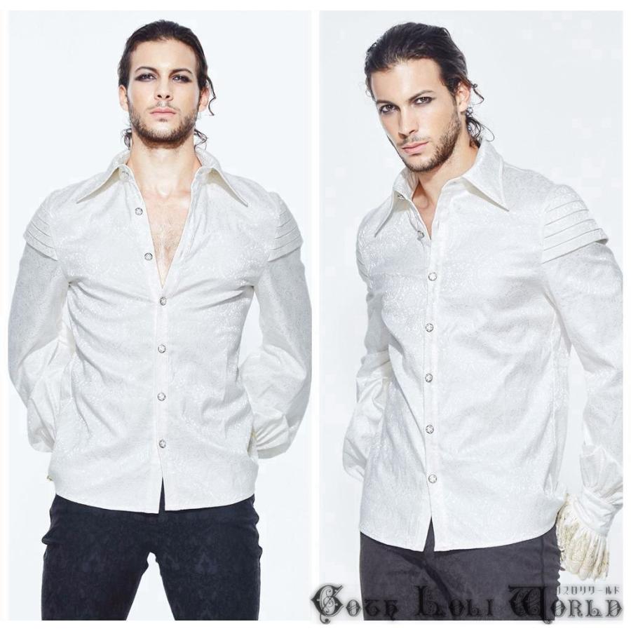 【ゴスロリワールド】Devil ゴスロリ シャボ付刺繍フリル袖ダマスク柄 長袖シャツ ホワイト ゴシック パンク ビジュアル系 ファッション