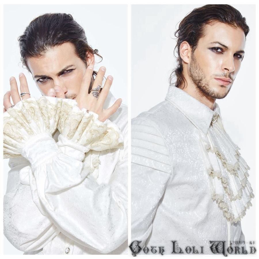 【ゴスロリワールド】Devil ゴスロリ シャボ付刺繍フリル袖ダマスク柄 長袖シャツ ホワイト ゴシック パンク ビジュアル系 ファッション