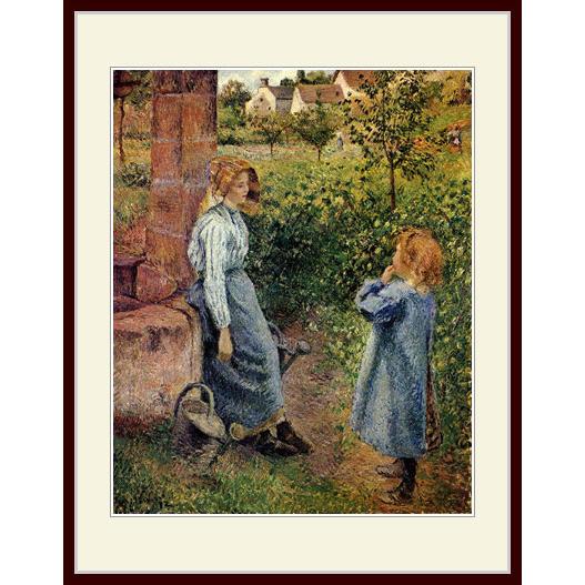 希少品 カミーユピサロ 絵画井戸端の女と子供 アート名画 木製 フレーム付き 複製画・額縁付き・ピサロ・「井戸端の女と子供」 : グーピル