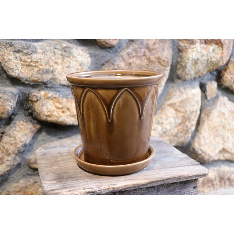 YS Glazedシリーズ モヴィー ブラウン Lサイズ 受け皿付き 陶器鉢