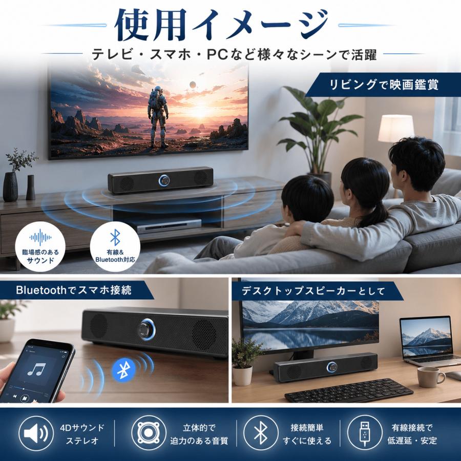 サウンドバー ホームシアター テレビ スピーカー Bluetooth 5.0 サウンドバースピーカー テレビ pc パソコン ホームシアター iphone