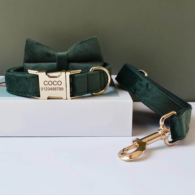 犬 蝶ネクタイ首輪 名前入り 全20色 S〜XL：ベルベット調 ワンタッチ