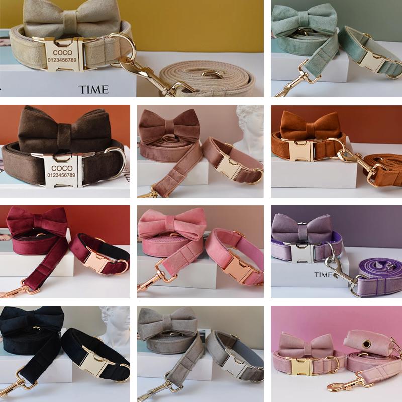 犬 蝶ネクタイ首輪 名前入り 全20色 S〜XL：ベルベット調 ワンタッチ