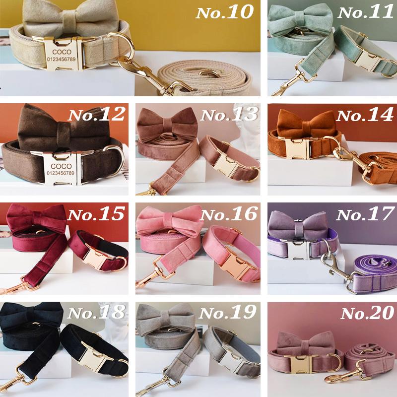 犬 蝶ネクタイ首輪 名前入り 全20色 S〜XL：ベルベット調 ワンタッチ