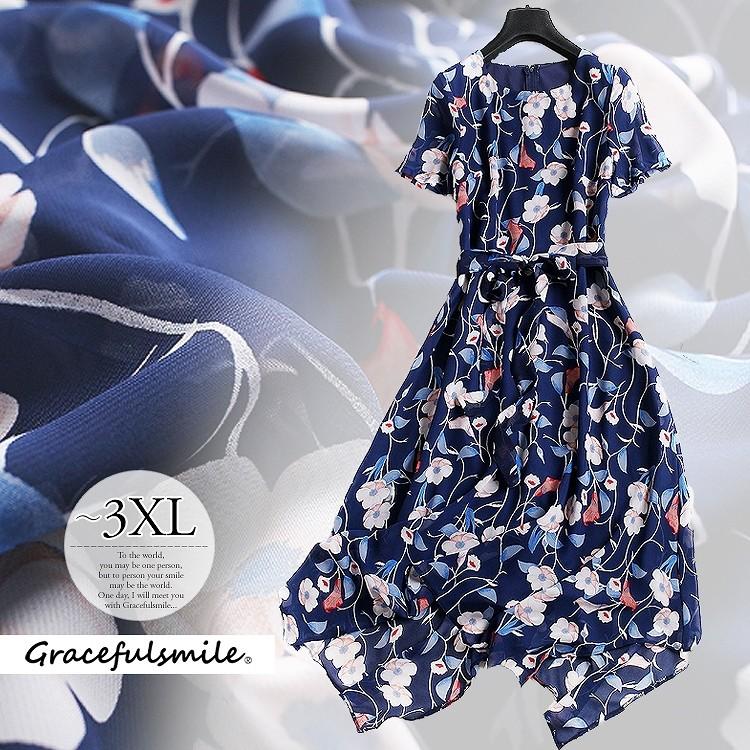 ワンピース お呼ばれワンピース レディース ネイビー 紺 花柄 シフォンワンピース リゾートワンピース 同窓会 保育参観 膝丈 40代 50代 60代 結婚式 Ll Cag41 Cag41 ライバルはデパートgracefulsmile 通販 Yahoo ショッピング