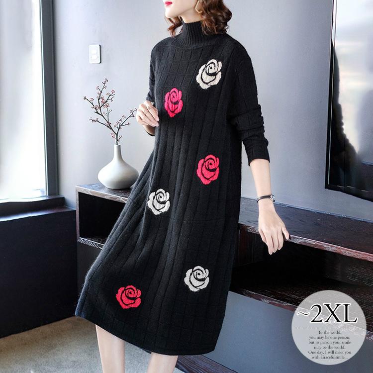 新版 ニットワンピース 秋 冬 ワンピース レディース 大きいサイズ ハイネック 長袖 花柄 モダン カジュアルエレガンス ブラック ホワイト レッドシンプル Cig30 21春夏 Toscelikspecialsteel Com