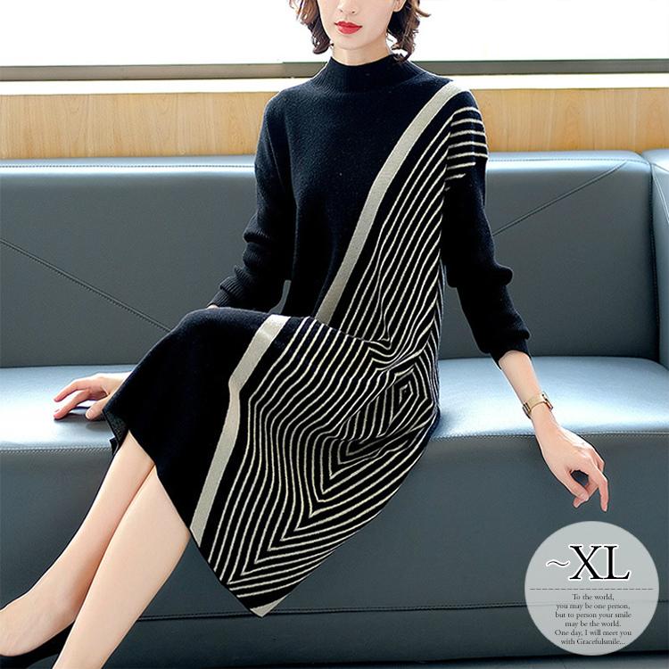 大特価 ニットワンピース 秋 冬 ワンピース レディース 大きいサイズ 膝丈 長袖 ハイネック 無地 ライン ストライプ ゆったり ブラックミセス 母親 ママ Cim35 Cim35 ライバルはデパートgracefulsmile 通販 Yahoo ショッピング ロングセラー