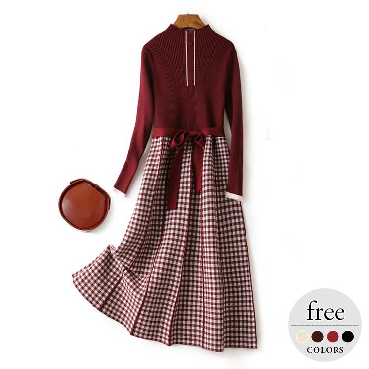 ニットワンピース 秋 冬 ワンピース レディース 大きいサイズ ロングワンピ チェック柄 ツートン リボン 長袖 ガーリー ブラック レッド ベージュ Cix06 Cix06 ライバルはデパートgracefulsmile 通販 Yahoo ショッピング