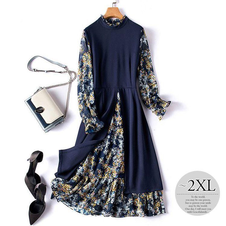 ワンピース プリント柄 ラウンドネック フリル袖 上品 ヨーロピアン ママスタイル フェミニン 休日スタイル クール 美人 お出かけ きれいめ