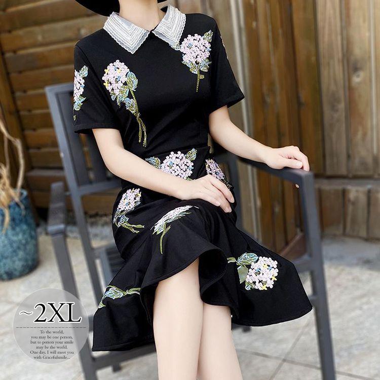 オープニング大放出セール ワンピース 花柄 半袖 レース襟 マーメイドライン ウエスト切替 膝下丈 クラシカル 甘め 母親 大人 女子会 食事会 お出かけファッション Cmb78 特売 Www Doctor Plan Com