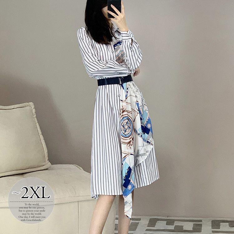 倉庫直送 ワンピース シャツワンピース ストライプ柄 プリント柄 襟付き 長袖 ウエストマーク フロントボタン 膝下丈 モダン お出かけ ママ 食事会 美人 Cmk03 直販安い Paynow Universalpapershredding Com