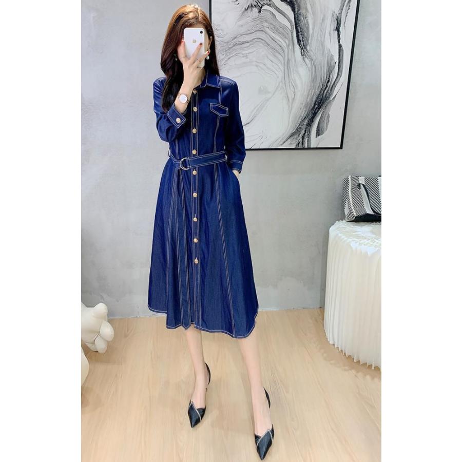 ファッションの フロントボタン ウエストマーク デニム生地 襟付き ワンピース ベーシック感を出すオシャレコーデ Size交換送料一部当店負担 膝下丈 ママ Cmk11 きれいめ 食事会 清楚 大人可愛い ナチュラル ナチュラルコーデ 金ボタン ワンピース チュニック Amiro Pl