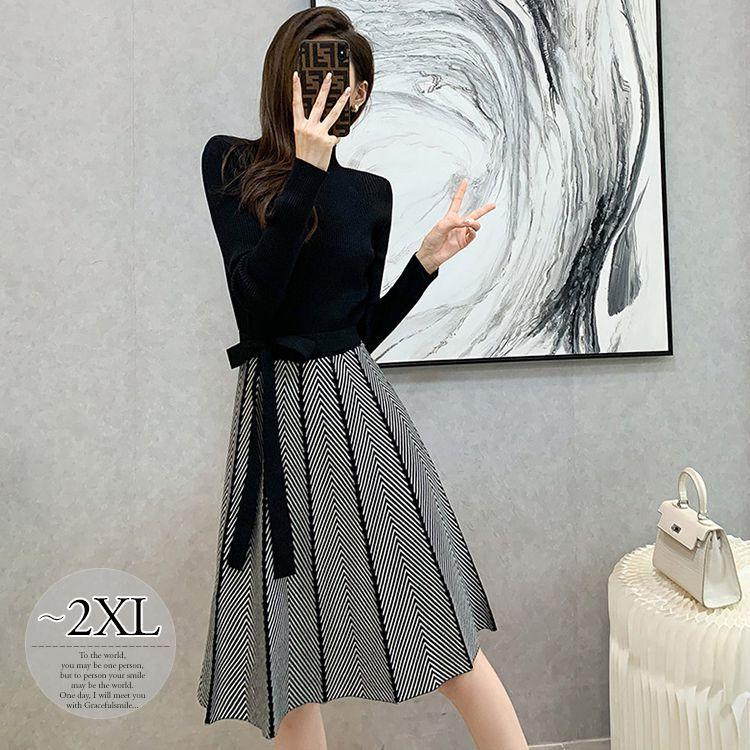 超安い 長袖 ニットワンピース 統一感のあるフェミニンコーデ Size交換送料一部当店負担 ニット 母親 Cmr25 ストリート 休日スタイル 定番 清楚 デート クール 可愛い 休日 個性的 膝上 ウエストリボン Aライン ワンピース チュニック