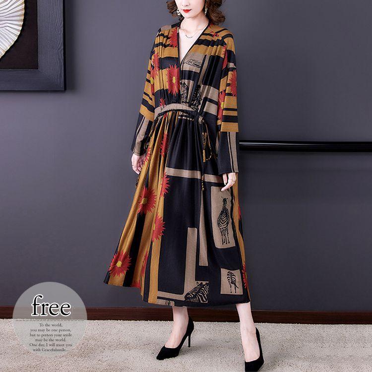 消費税無し Vネック 長袖 ワンピース デザインで魅せる個性派スタイル Size交換送料一部当店負担 ウエスト紐 リゾート Cms27 ガーリー 大人可愛い 食事会 爽やか シンプル アシンメトリー モダン ポケット ロングワンピース ワンピース チュニック