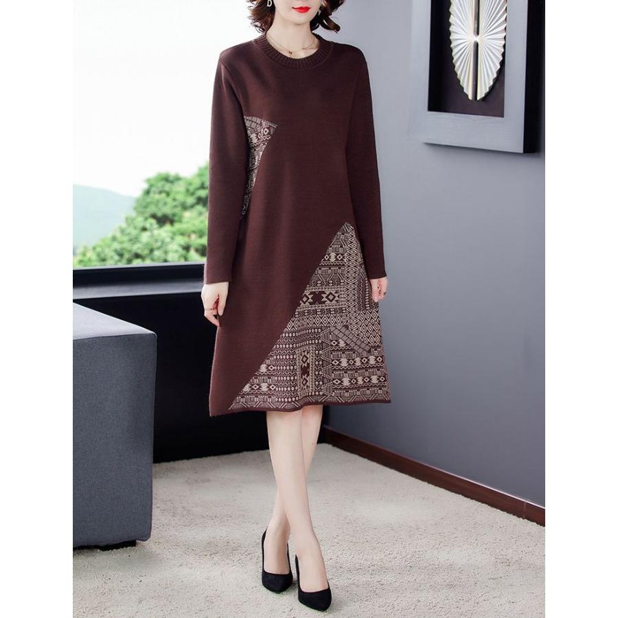 魅力的な 膝丈ワンピース 長袖 抽象柄 ラウンドネック ニットワンピース 大人しめなエフォートレススタイル Size交換送料一部当店負担 ツートン 爽やか Cmt34 ママスタイル 美人 シンプル 大人可愛い お出かけ シック 休日 モダン ワンピース チュニック Thunda2