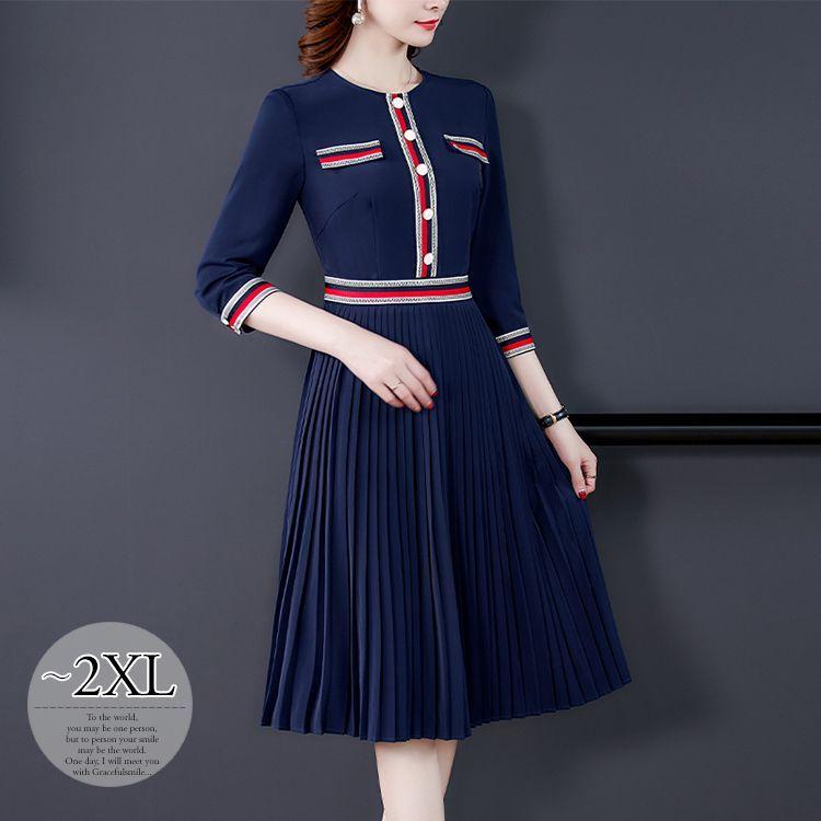 人気が高い ベーシックな大人フェミニン Size交換送料一部当店負担 ワンピース ラウンドネック 7分袖 アコーディオンプリーツ ウエスト切替 ファスナー 膝丈ワンピース デザインボタン オフィスカジュアル 食事会 Cob32 ワンピース チュニック