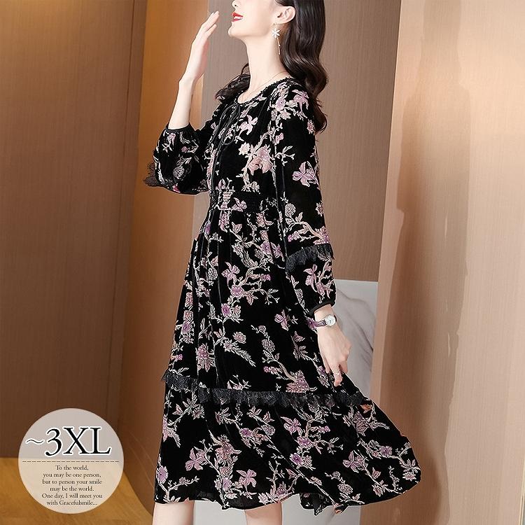 完売アイテム ワンピース ひざ下 レース 紐リボン ラウンドネック Aライン フラワー 花 大人かわいい 上品 ブラック ピンク パープル モダン 可愛い ナチュラル Coh80 限定セール Shirleyryan Ca