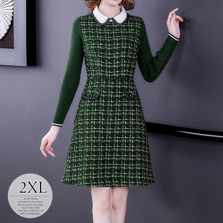 最新版 長袖 柄物 大人スタイル 丸襟 ワンピース レディース ミセス ホワイト フェミニン ツイード ショート丈 グリーン きれいめ お洒落 お出かけ Coi18 ネット売筋品 Avitalianmarket Com
