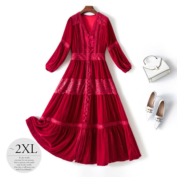 国産 レース ベロア調 長袖 ロング丈 レディース ワンピース 服装 結婚式 パーティー 華やか ミセス Cox27 レッド エレガント ｖネック 刺繍 食事会 クラシカル ワンピース サイズ 2xl Demolition Training
