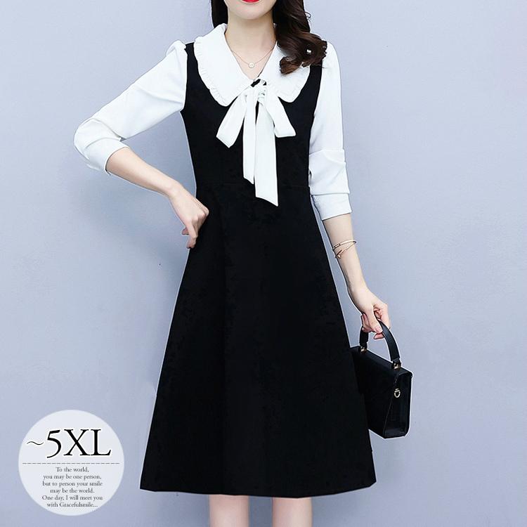 超目玉 半袖 春 ワンピース 服装 結婚式 パーティー レディース 女子会 Crc21 上品 大人かわいい リボン モノトーン 大きい襟 ビックカラー おしゃれ きれいめ ワンピース サイズ M