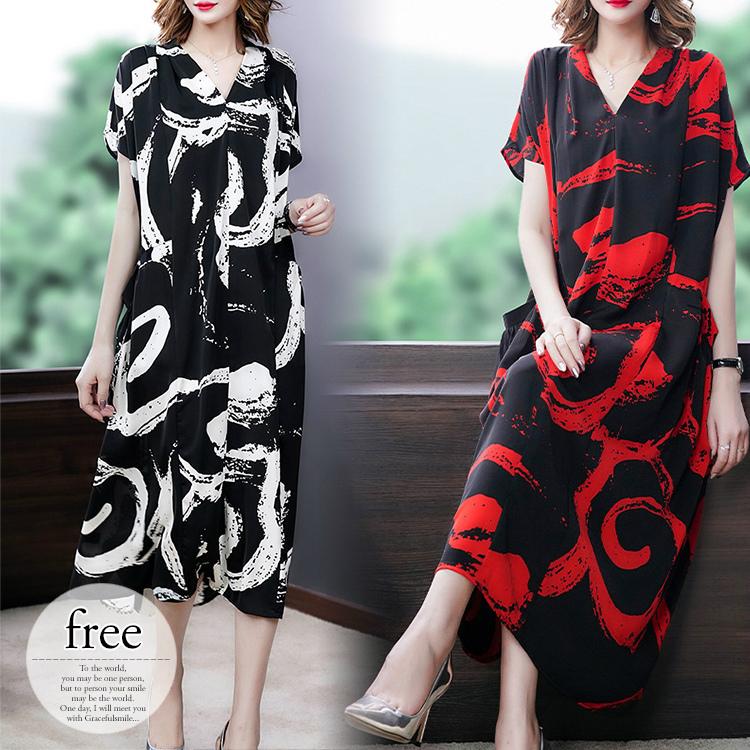 今年人気のブランド品や ワンピース 春 美人 Cri43 体型カバー ふんわり クール シャープ 柄 プリント柄 半袖 Vネック 長め 膝下 フレアワンピ レディース おしゃれ きれいめ ワンピース カラー レッド