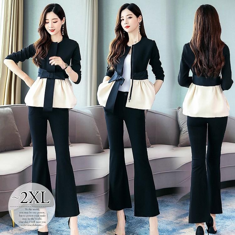 スーツセット パンツスーツ 卒業式 卒園式 入学式 入園式 レディース 大きいサイズ ブラック 黒 リボン 可愛い ワイドパンツ Xライン 着痩せ Eea61 Eea61 ライバルはデパートgracefulsmile 通販 Yahoo ショッピング