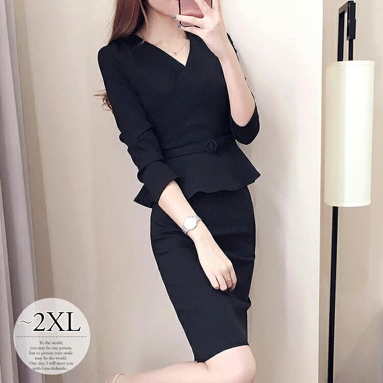 ワンピーススーツ 卒業式 入学式 卒園式 入園式 ビジネス リクルート Ol オフィス 無地 ｖネック ペプラム タイトワンピ ブラック 代30代 40代50代 Eet49 Eet49 ライバルはデパートgracefulsmile 通販 Yahoo ショッピング