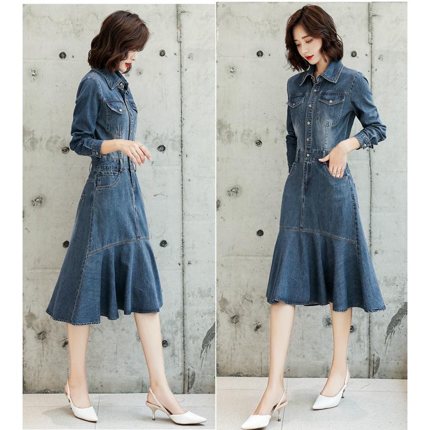ワンピース デニム デニムワンピース 長袖 膝下 無地 シンプル マーメイドライン 裾フリル ブルー清楚 お出かけファッション リモート ママ 女子旅 Ehb16 Ehb16 ライバルはデパートgracefulsmile 通販 Yahoo ショッピング