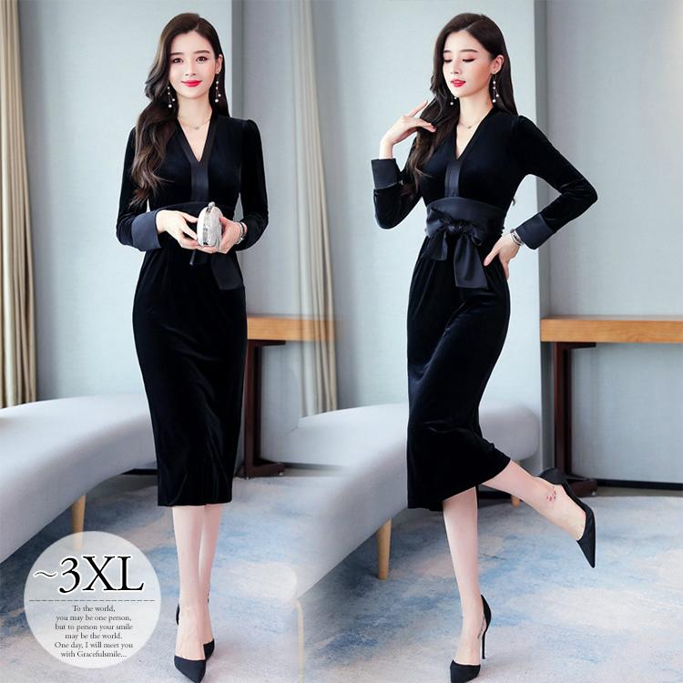 送料込 ドレス パーティードレス ワンピース タイトワンピ ベロア調 厚手 クール モード 膝丈 長袖 リボン ブラック休日 可愛い ママ お出かけ お洒落 Ehh11 ランキング1位獲得 Www Jsanalytikal Com