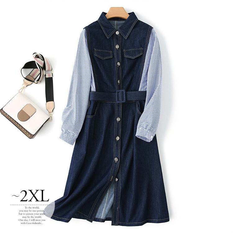 超特価セール ワンピース ドッキングワンピ 長袖 膝丈 デニム風ワンピ ストライプ 爽やか きれいめ ネイビー ブルー きれい 美人 おしゃれ エレガント イベント清楚 Ehx24 21正規激安 Gestion Etechnologies Shop