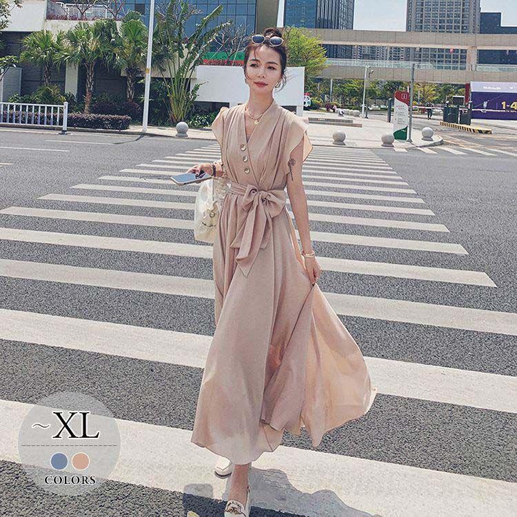 手数料安い ワンピース フレンチスリーブ カシュクール シフォン 薄手 夏 ウエストリボン ロングワンピース デザインボタン 定番 女子会 ガーリー Ekc29 楽天1位 Www Maxipiso Com Ar