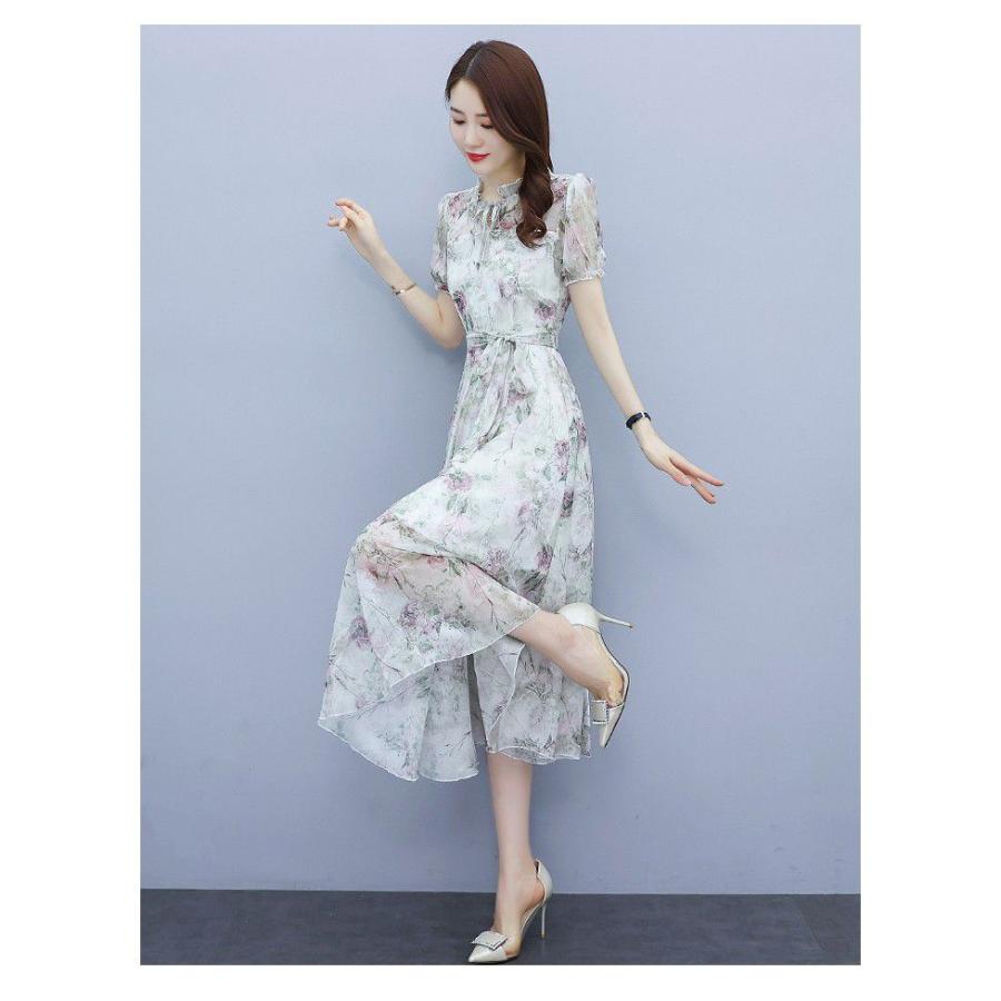 Rakuten ワンピース 春夏 半袖 透け感 とろみ 首元フリル 薄手 Aライン ウエストリボン ハイウエスト バラ ロングワンピース リボン 休日 女子会 Ekc65 好評 Regionmarket Store