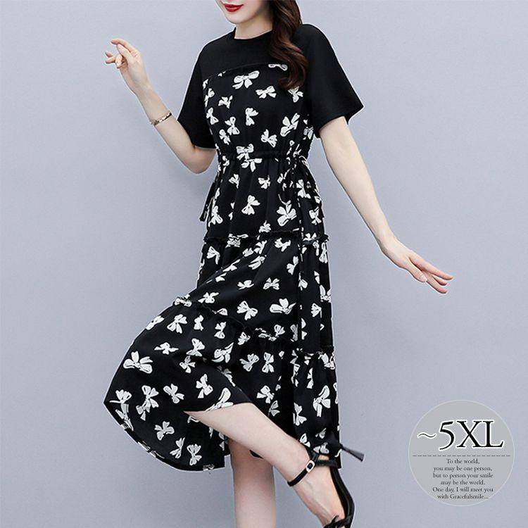 お1人様1点限り ワンピース プリント柄 ラウンドネック 半袖 大きいサイズ 膝下丈 ロマンティック キュート 可愛い ガーリー デート 上品 きれいめ Eke 大流行中 Www Doctor Plan Com