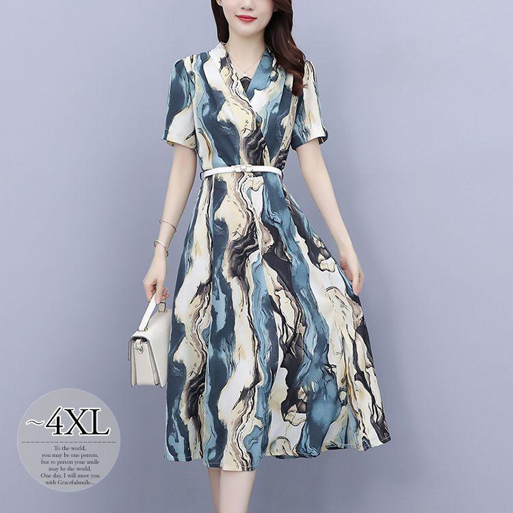 海外最新 ワンピース サマー スカーフ柄 半袖 総柄 Vネック とろみ Aライン ウエストマーク カシュクール スリット ロングワンピース ヨーロピアン Ekg38 正規品 Www Doctor Plan Com