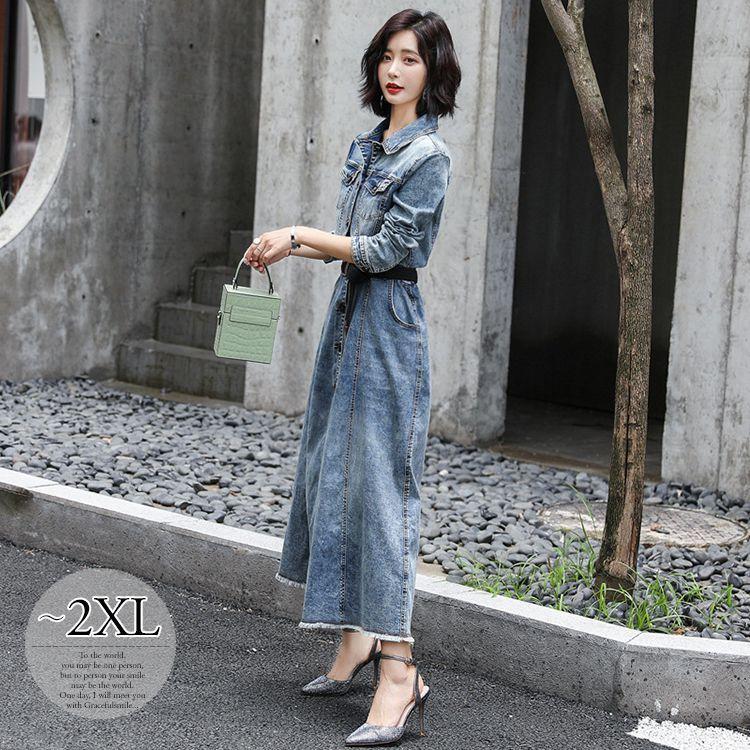 期間限定送料無料 ワンピース 大人可愛いデニムファッション Size交換送料一部当店負担 襟付き カジュアルウェア Ekt45 デート 休日 リゾート 女子旅 ポケット ロングワンピース フロントボタン ウエストマーク デニム生地 長袖 ワンピース チュニック