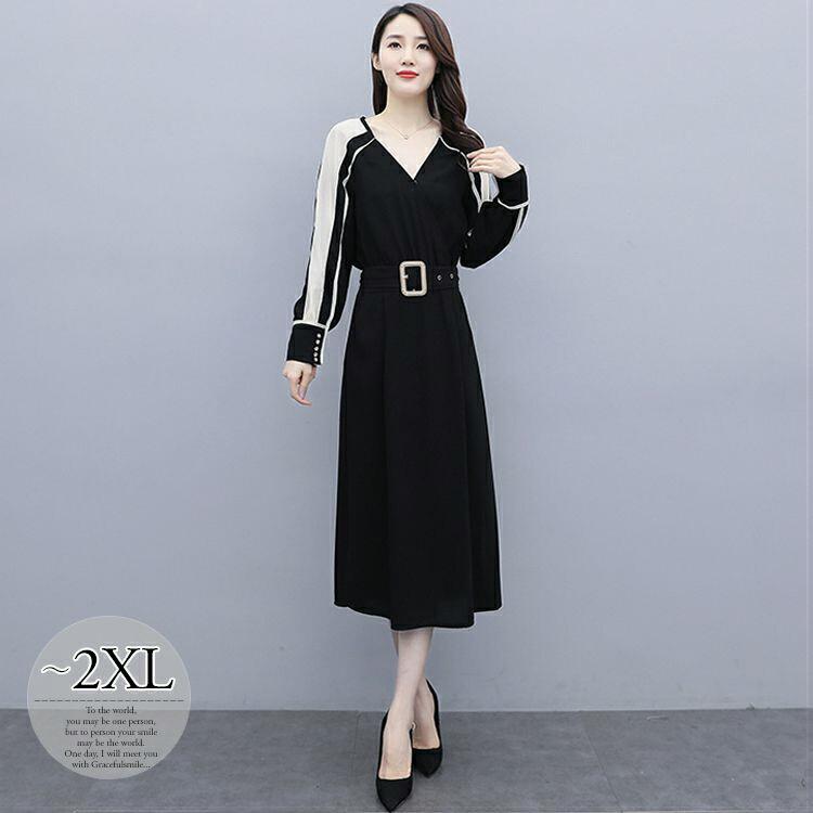 選べるサイズ展開 ワンピース 長袖 ウエストマーク スリット ロングワンピース Vネック ブラック 袖デザイン 披露宴 キレイ目 発表会 懇談会 ディナー Ekw71 奇跡の再販 Holainfornet Com