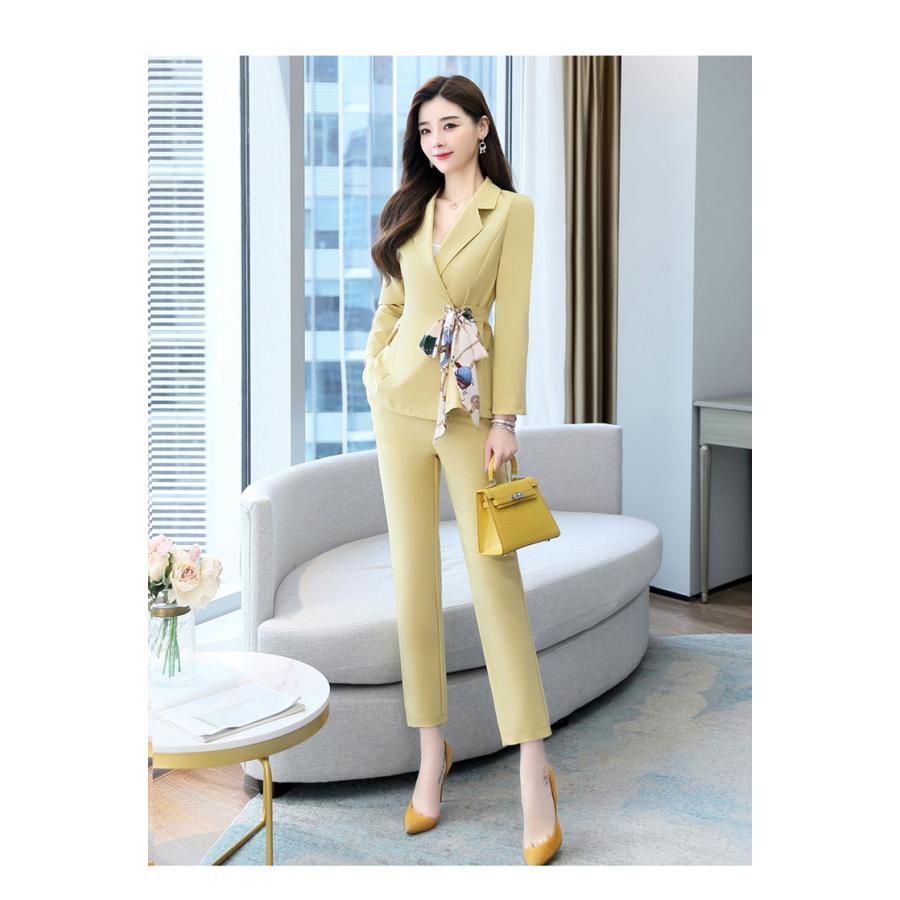 超熱 パンツスーツ スーツセット ママスーツ レディース 大きいサイズ ジャケット 無地 スカーフ柄 リボン ポケット スリムパンツ エレガント 美人 Eoa52 Organizacaosilveira Com Br
