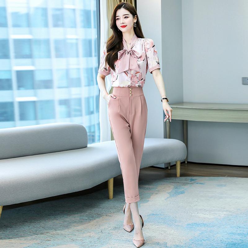 パンツスーツ スーツセット ママスーツ 七五三 参観日 謝恩会 保護者会 レディース 大きいサイズ ボウタイブラウス 花柄 華やか ピンク ベーシック Eok55 大人気定番商品
