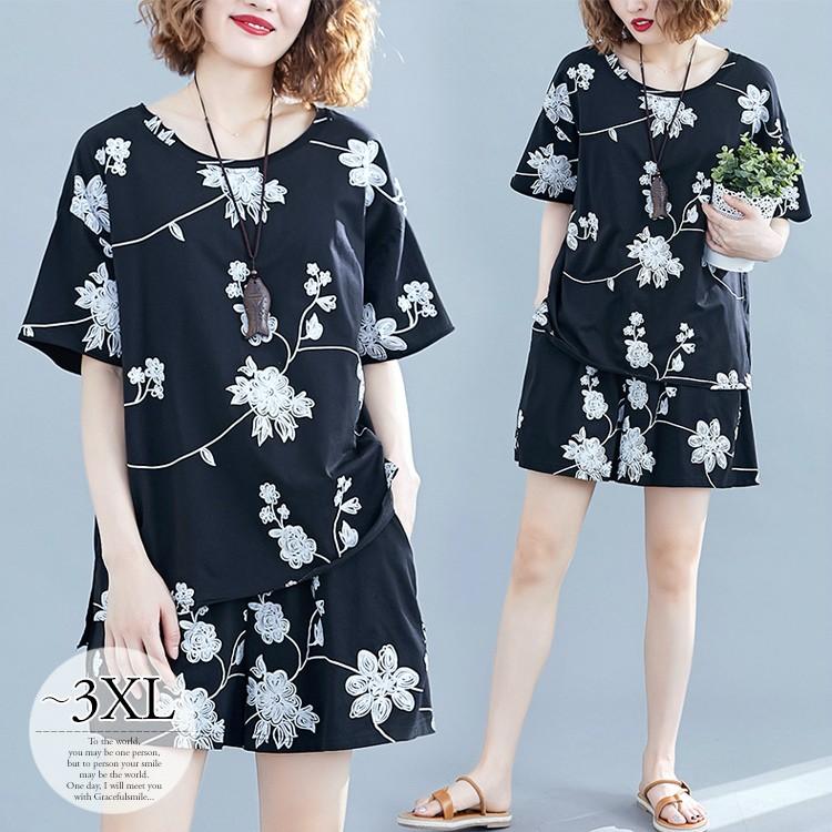 アンサンブル セット シャツ パンツ 半袖 セパレート セットアップ 花柄 総柄 楽ちん ゆったり リラックス ポケット ワンマイルウェア ゴム 珍しい Oce77 qworldcongress Com