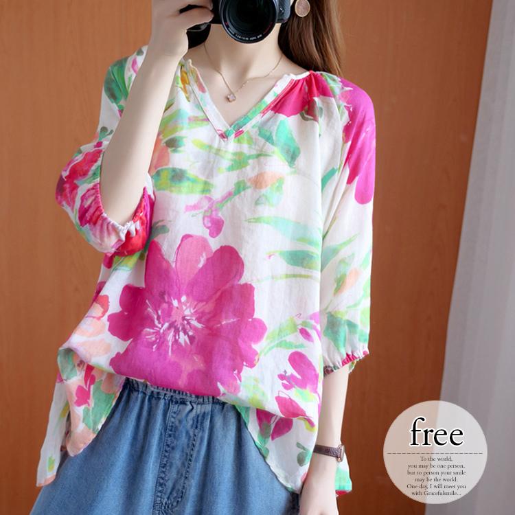 トップス シャツ Vネック 7分袖 総柄プリント 花柄 可愛い 明るめ ガーリー 夏スタイル カジュアルコーデ ホワイト ピンク グリーン オシャレ Ocz86 Ocz86 ライバルはデパートgracefulsmile 通販 Yahoo ショッピング