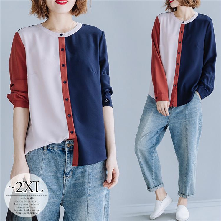 トップス ブラウス 長袖 丸首 前ボタン スタイリッシュ シンプル カジュアルコーデ バイカラー ネイビー レッド オフホワイトお洒落 清楚 母親 Oek02 Oek02 ライバルはデパートgracefulsmile 通販 Yahoo ショッピング