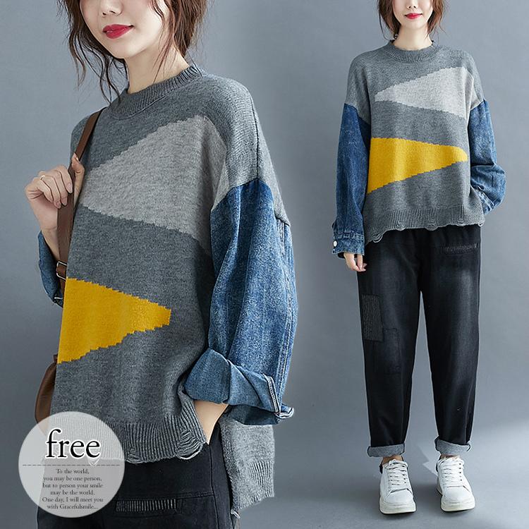 トップス セーター ニット デニム生地 異素材 柄 マニッシュ クール ボーイズファッション ブルー イエロー グレー ミセス シンプル ナチュラル Ogb28 Ogb28 ライバルはデパートgracefulsmile 通販 Yahoo ショッピング