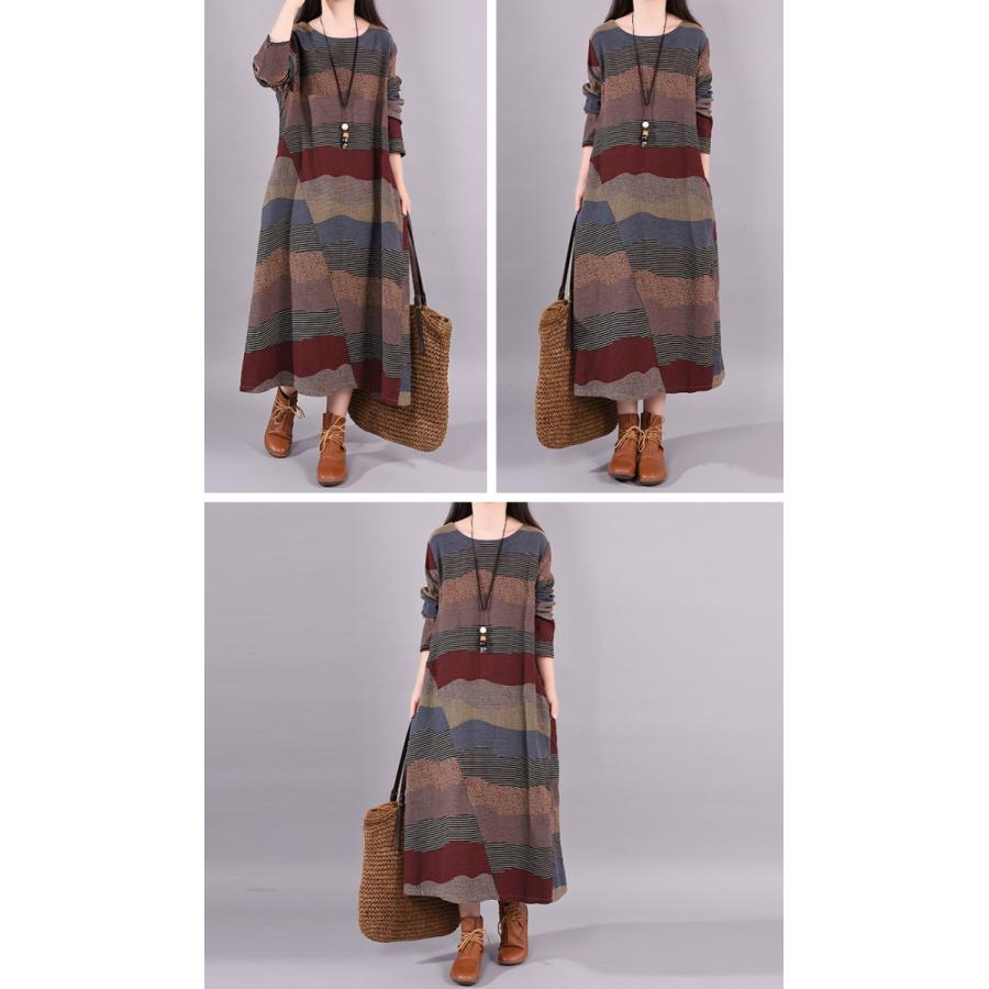 おまけ付 ラウンドネック レディース ワンピース 服装 結婚式 パーティー ロング丈 魅力的 Oim04 ベージュ ブラウン 動きやすい ゆったり ボーダー おしゃれ 長袖 ワンピース カラー B Www 11thspace Com
