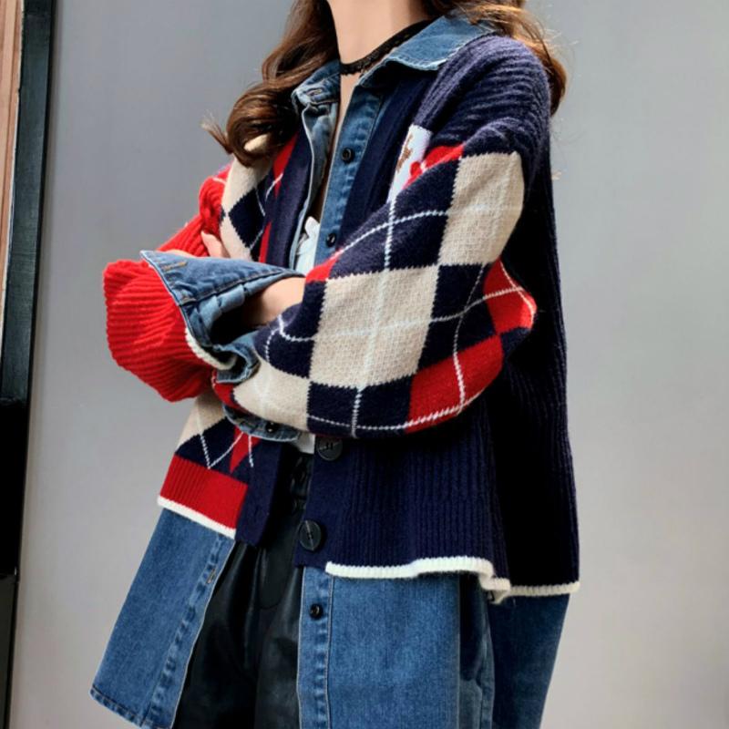 トップス カーディガン シャツ 異素材 重ね着コーデ アーガイル柄 デニム 前ボタン ガーリーコーデ イエロー レッド ホワイト ブラック リモート Phh27 Phh27 ライバルはデパートgracefulsmile 通販 Yahoo ショッピング