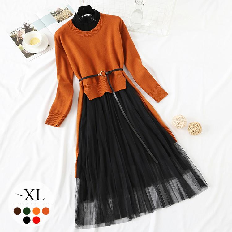ワンピース ドッキングワンピ ニット 重ね着 レイヤード 前後差 チュールスカート ガーリー ラウンドネック ブラウン オレンジ カーキ ブラック Phw08 Phw08 ライバルはデパートgracefulsmile 通販 Yahoo ショッピング