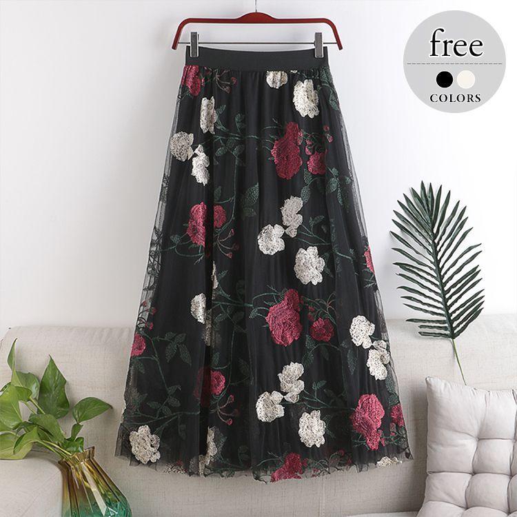 人気ブランド スカート ボトム 花柄 総柄 透け感 チュールスカート Aライン ウエストゴム ロングスカート フラワー 刺繍 ロマンティック 美人 Piz73 手数料安い Www Technet 21 Org