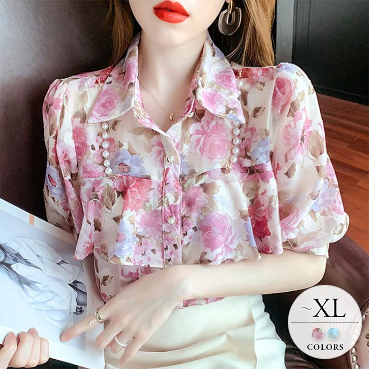 トップス ブラウス 半袖 フリル 襟付き パール 花柄 華やか エレガント フェミニン ピンク ブルー お出かけ デート 女子会 ベーシック 結婚式 Pkb50 Pkb50 ライバルはデパートgracefulsmile 通販 Yahoo ショッピング