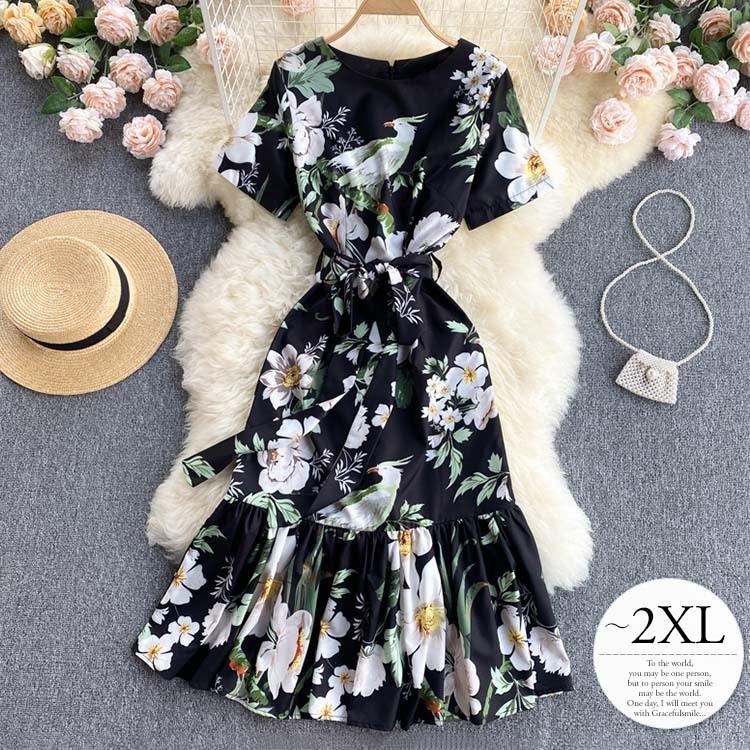 時間指定不可 ワンピース フレアワンピ フリル ラウンドネック 丸首 半袖 花柄 鳥 バード 華やか リゾート ブラック ホワイト旅行 魅力的 ナチュラル 華やか Pkg42 超歓迎 Www Doctor Plan Com