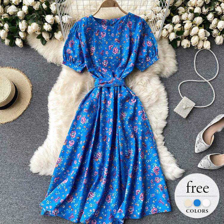 爆安プライス ワンピース フレアワンピ 半袖 丸首 ラウンドネック 花柄 ラブリー 可憐 大人可愛い クラシカル ホワイト ベージュ ブルー母親 レディース Pkh24 偉大な Www Doctor Plan Com