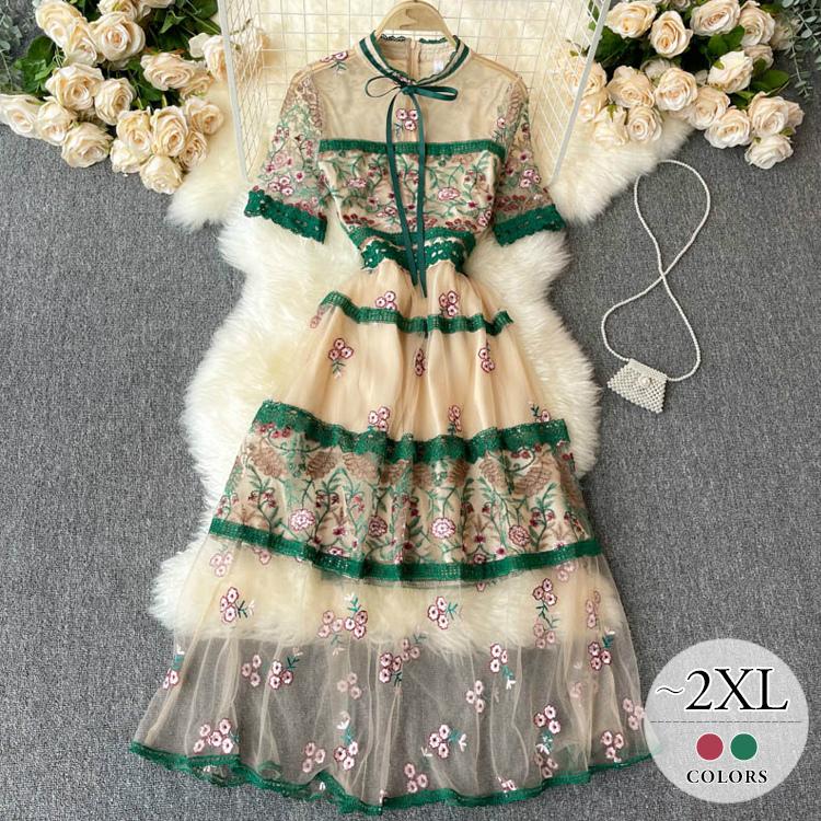 交換無料 ワンピース フレアワンピ 半袖 チュール 刺繍 花柄 ボウタイ リボン レース クラシカル 大人可愛い レッド グリーンお出かけファッション 母親 ママ Pkh34 早割クーポン Regionmarket Store